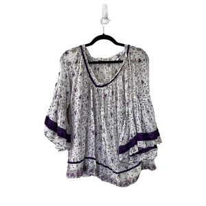 POUPETTE ST BARTH Floral Purple Cotton Bell Sleeve Relaxed Summer Tunic Blouse
